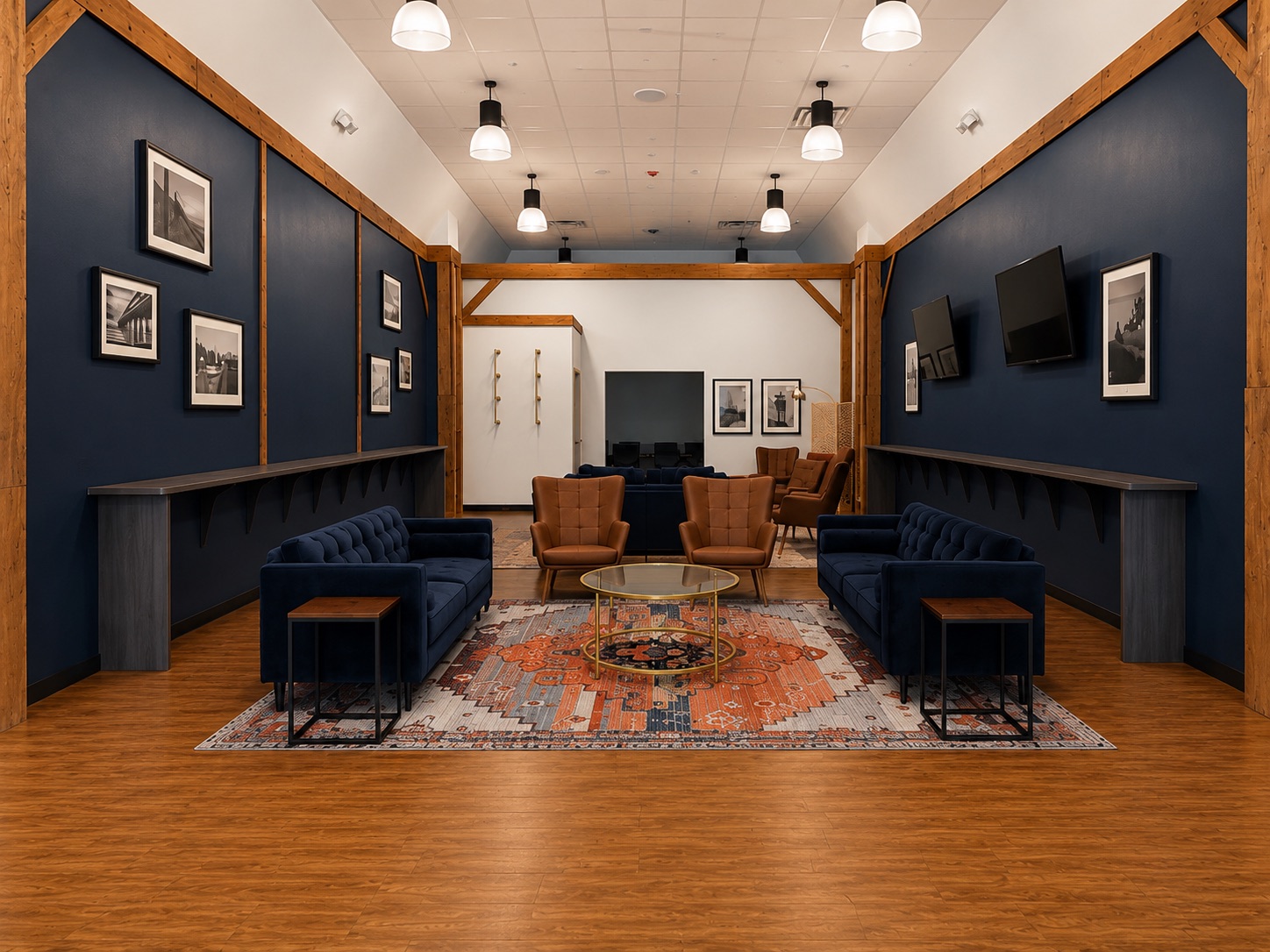 The Arboretum lounge &mdash; navy walls, exposed timber beams, velvet sofas and leather armchairs around a low glass table